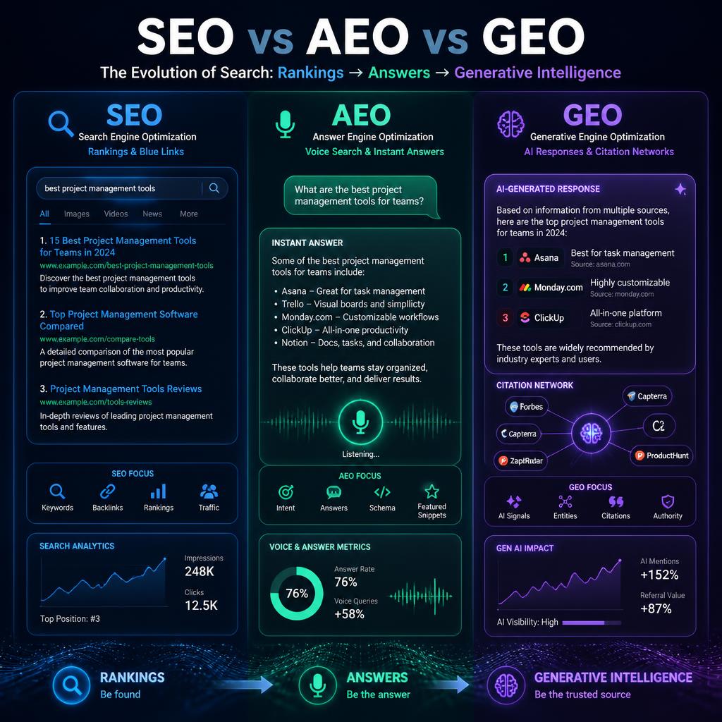 AEO vs GEO vs SEOComplete Comparison